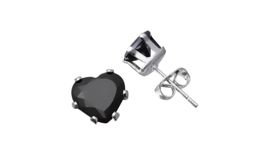 Platinum Over Sterling Silver Heart Shape Black Cz Earring