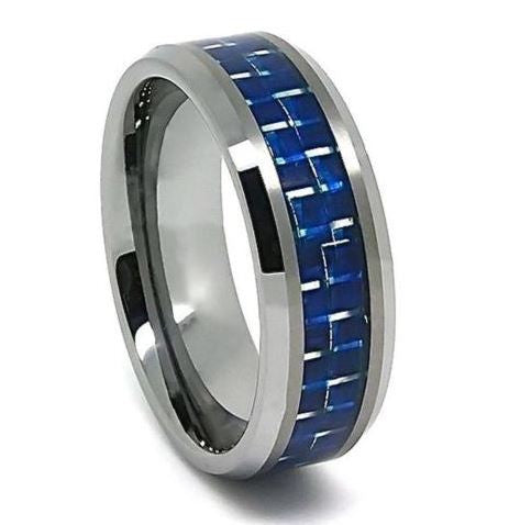 blue carbon tungsten wedding bands