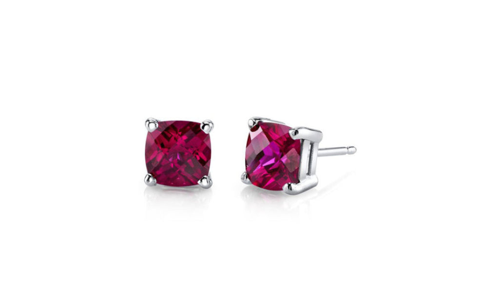 Platinum Over Sterling Silver Princess Cut Cz Ruby Earring