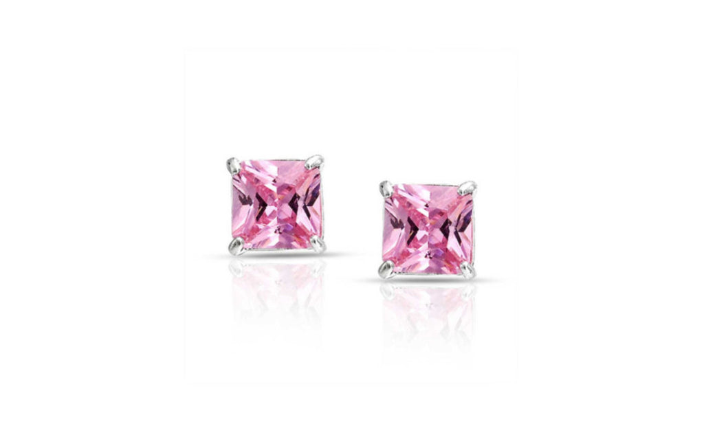 Platinum Over Sterling Silver Princess Cut Pink Cz Earring